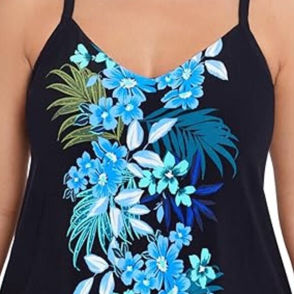 Tankini Top 22W Black Blue Floral V-Neck Built in Shelf Bra Trimshaper Plus Size - Picture 2 of 5
